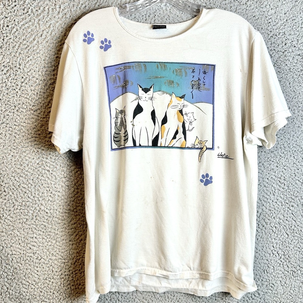Vintage 90s Cats Japanese T Shirt Women's One Size Artistic Tee Artist Waka